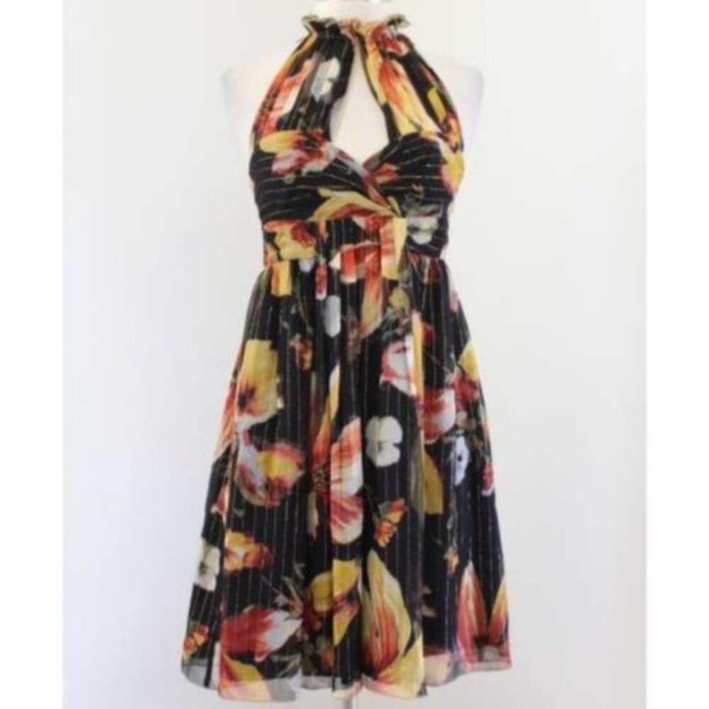 Anna Sui for Anthropologie Halter Dress Black Metallic Silk Floral Size 4